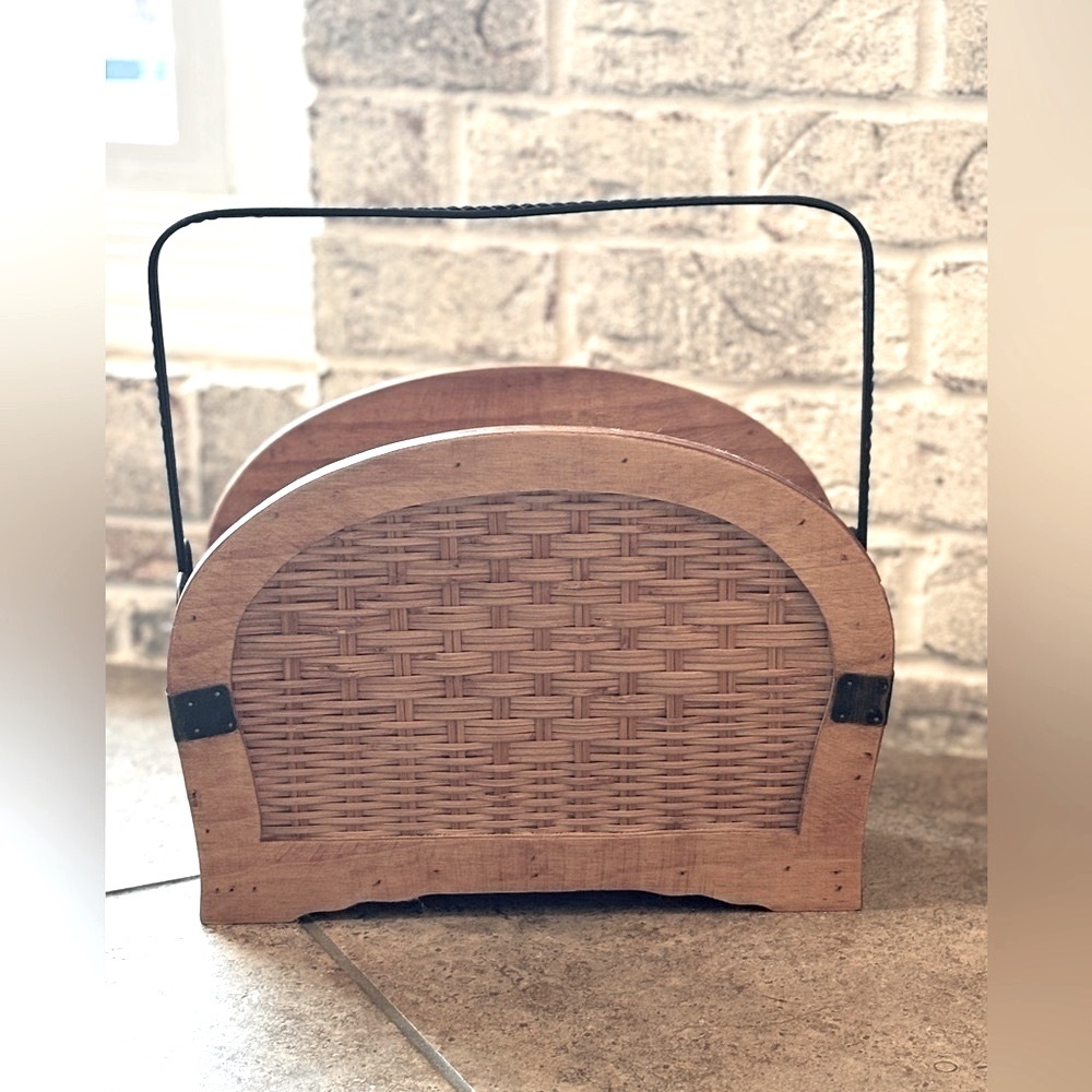 Woven Wooden Magazine Holder. 13”x13.5. Textured | Iron Accents | Vintage.